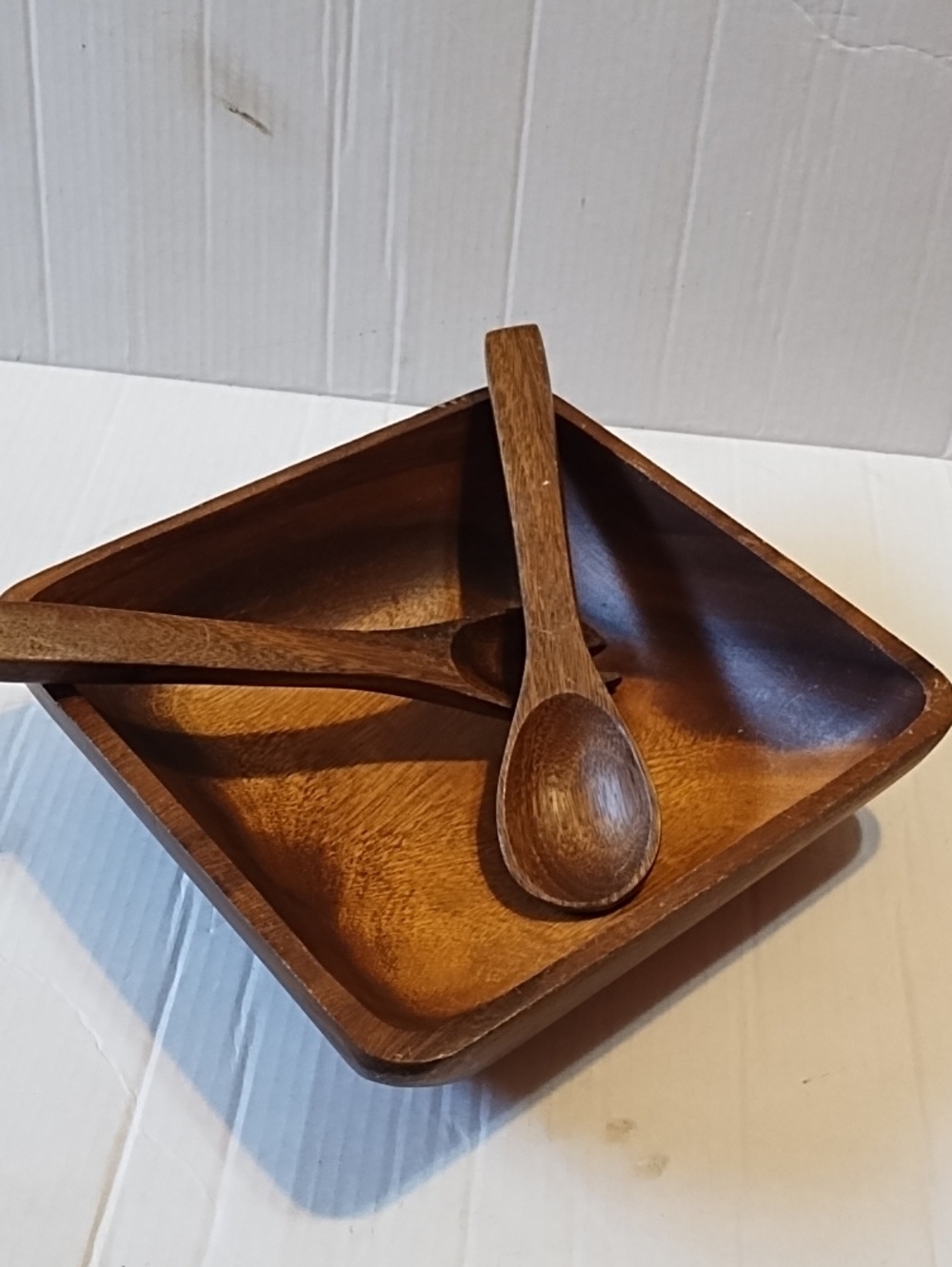 Wooden Square Serving Bowl with Two Wooden Spoons - Brown